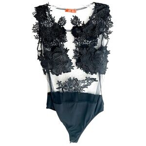 Banjul Black Mesh Appliqué Bodysuit Size Large